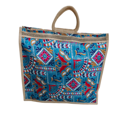 Embroidered Jute Tote Bag with Handles - Blue