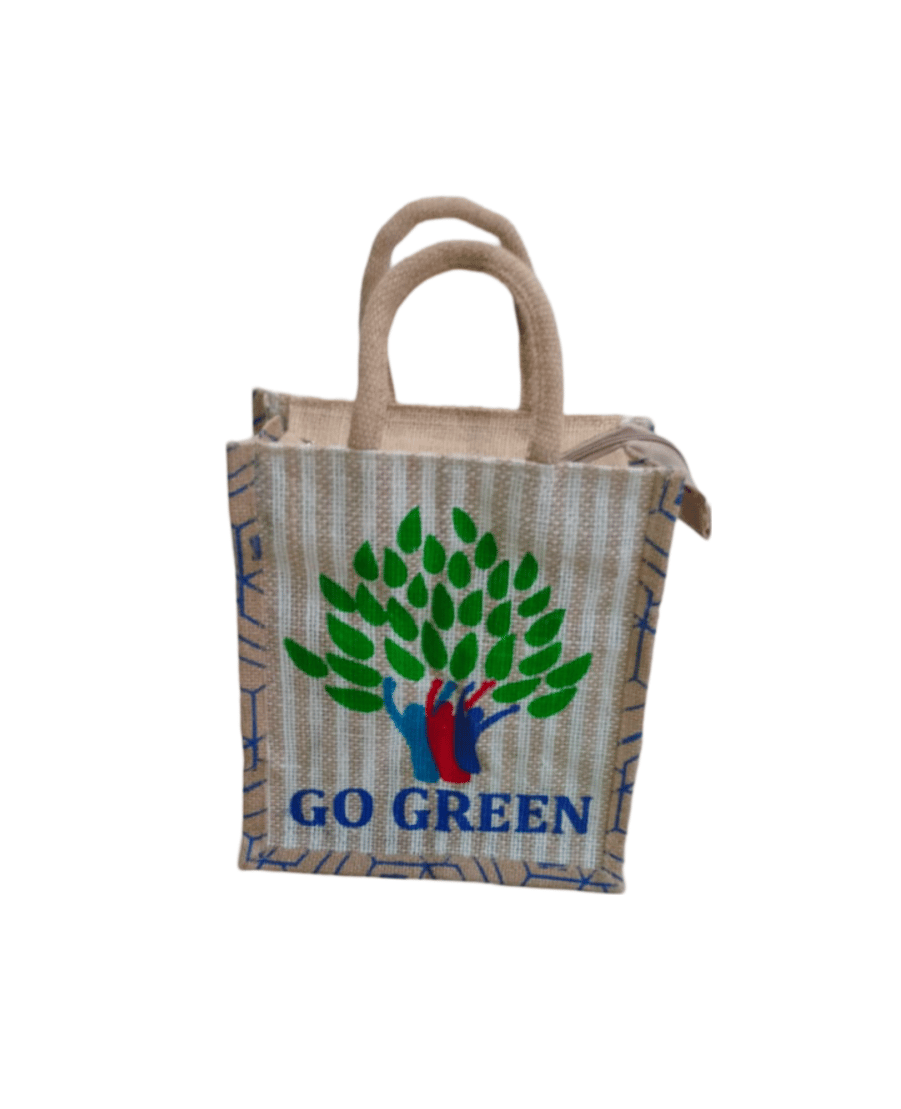 Stylish and Eco-friendly Jute Lunch Bag with Go Green Print