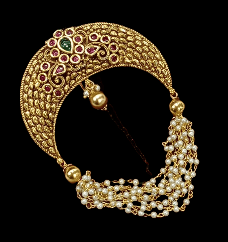 Gold Plated Traditional Indian Nath With Pearl Chain For Women