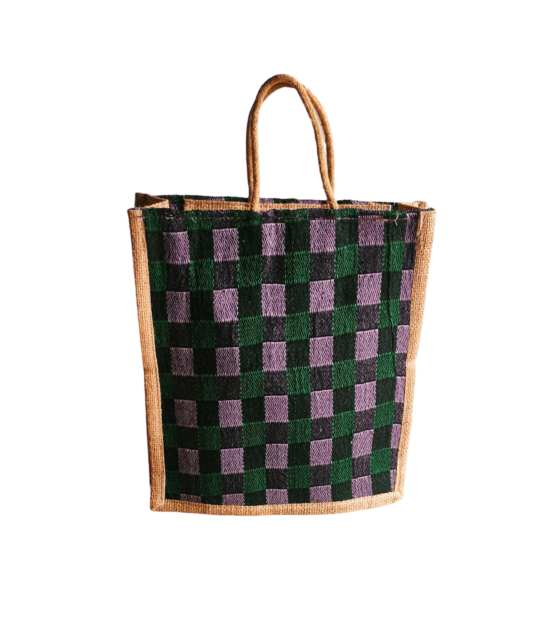 Purple and Green Checkered Jute Tote Bag