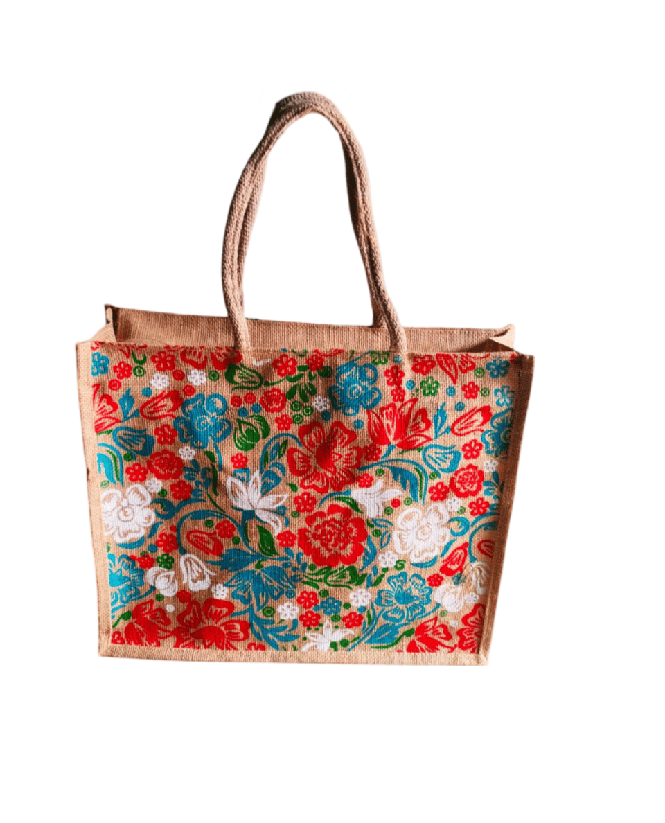 Floral Printed Jute Tote Bag with Double Handles