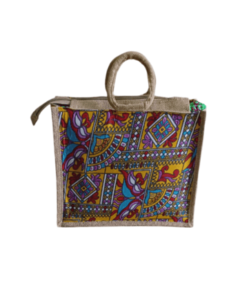 Embroidered Jute Bag with Zipper Closure and Handle