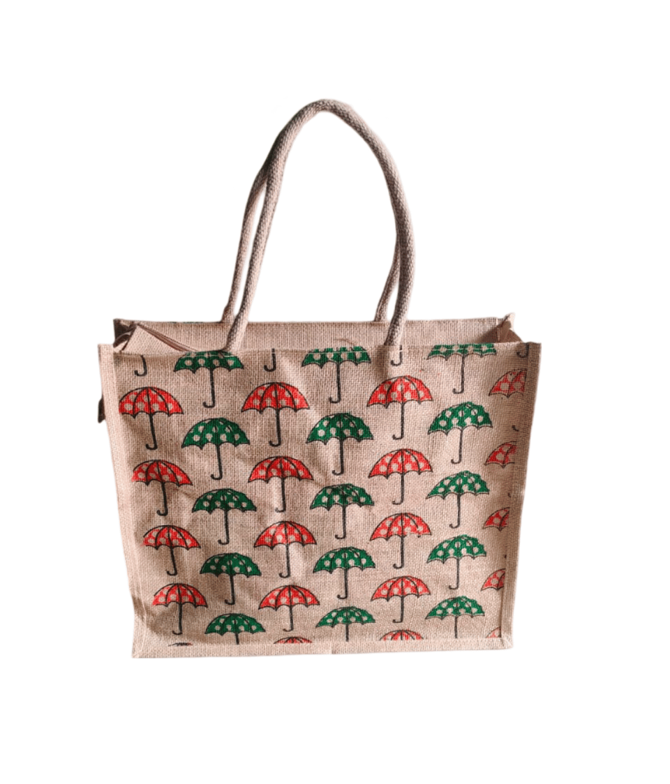 Jute Tote Bag with Colorful Umbrella Print