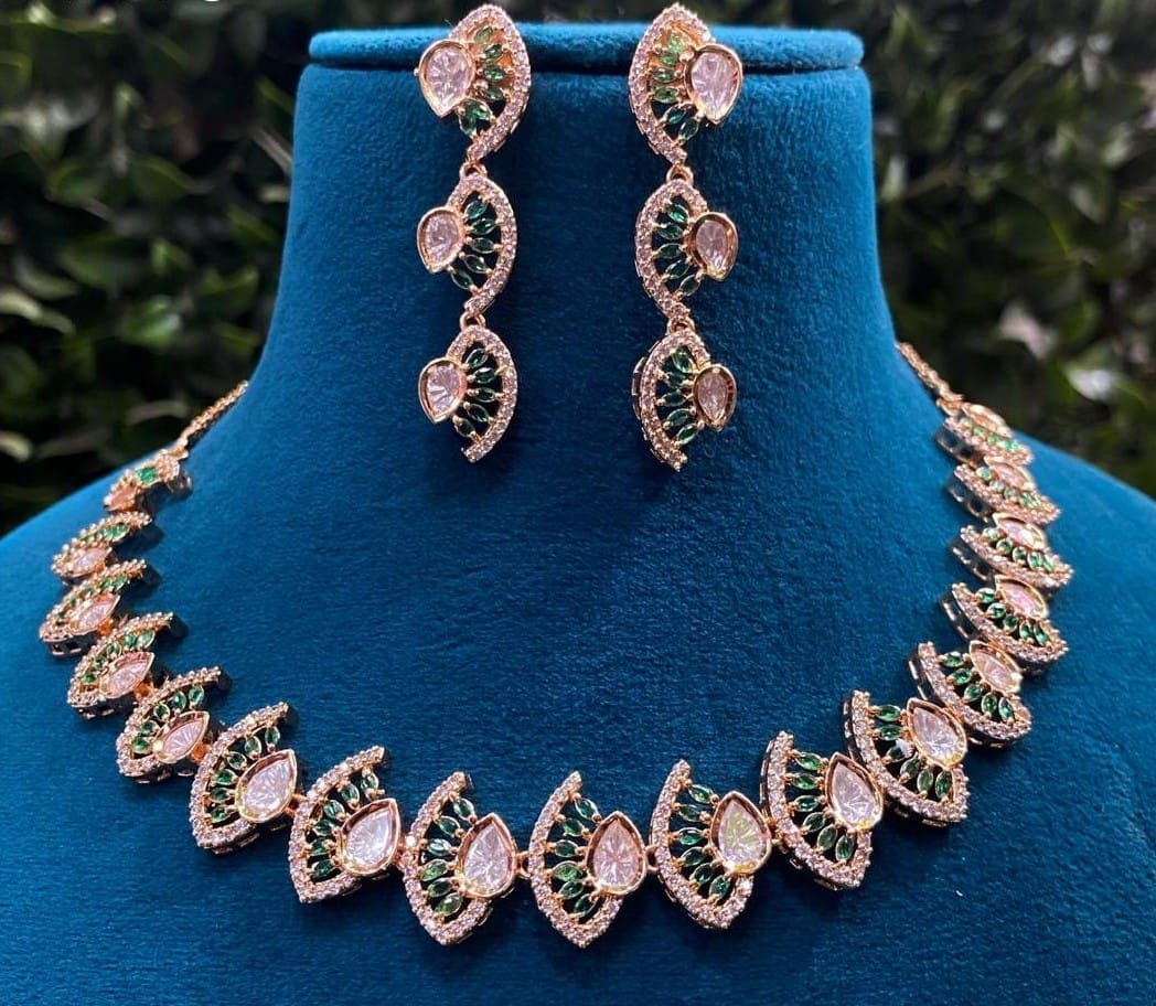 "Stunning Green and White Cubic Zirconia Necklace and Earring Set in Gold Plating"