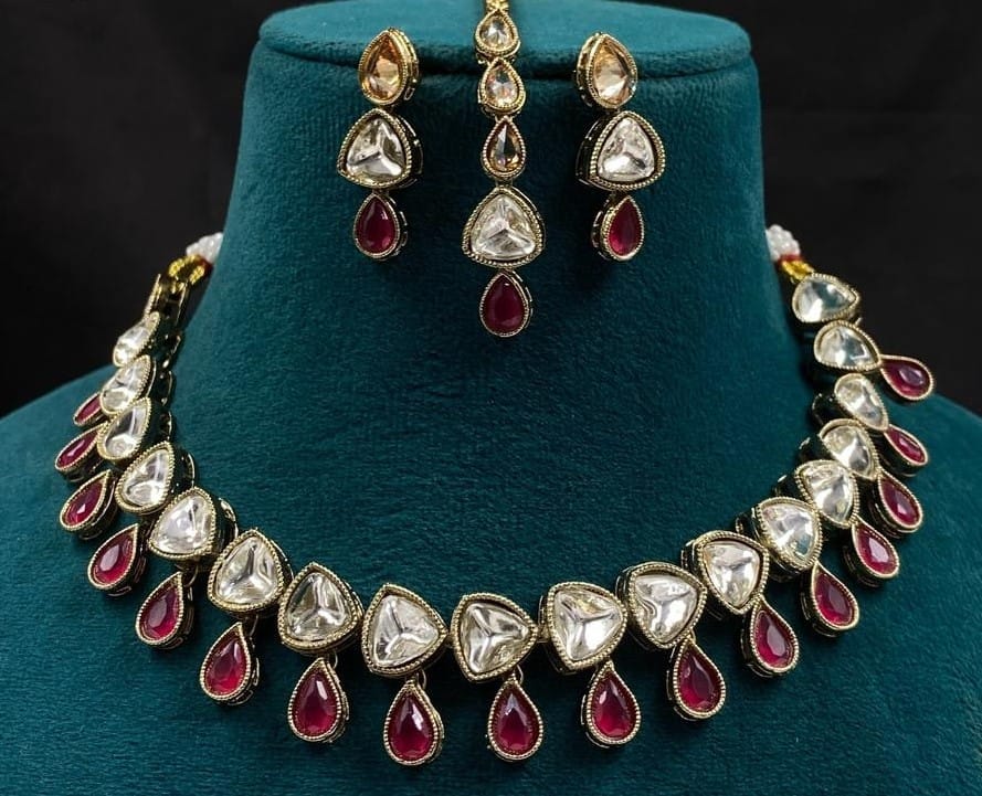 Bridal Kundan Polki Necklace Set with Ruby Stones and Gold Plating