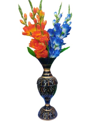 Hand painted metal flower vase with orange and blue flowers Hand painted metal flower vase with orange and blue flowers