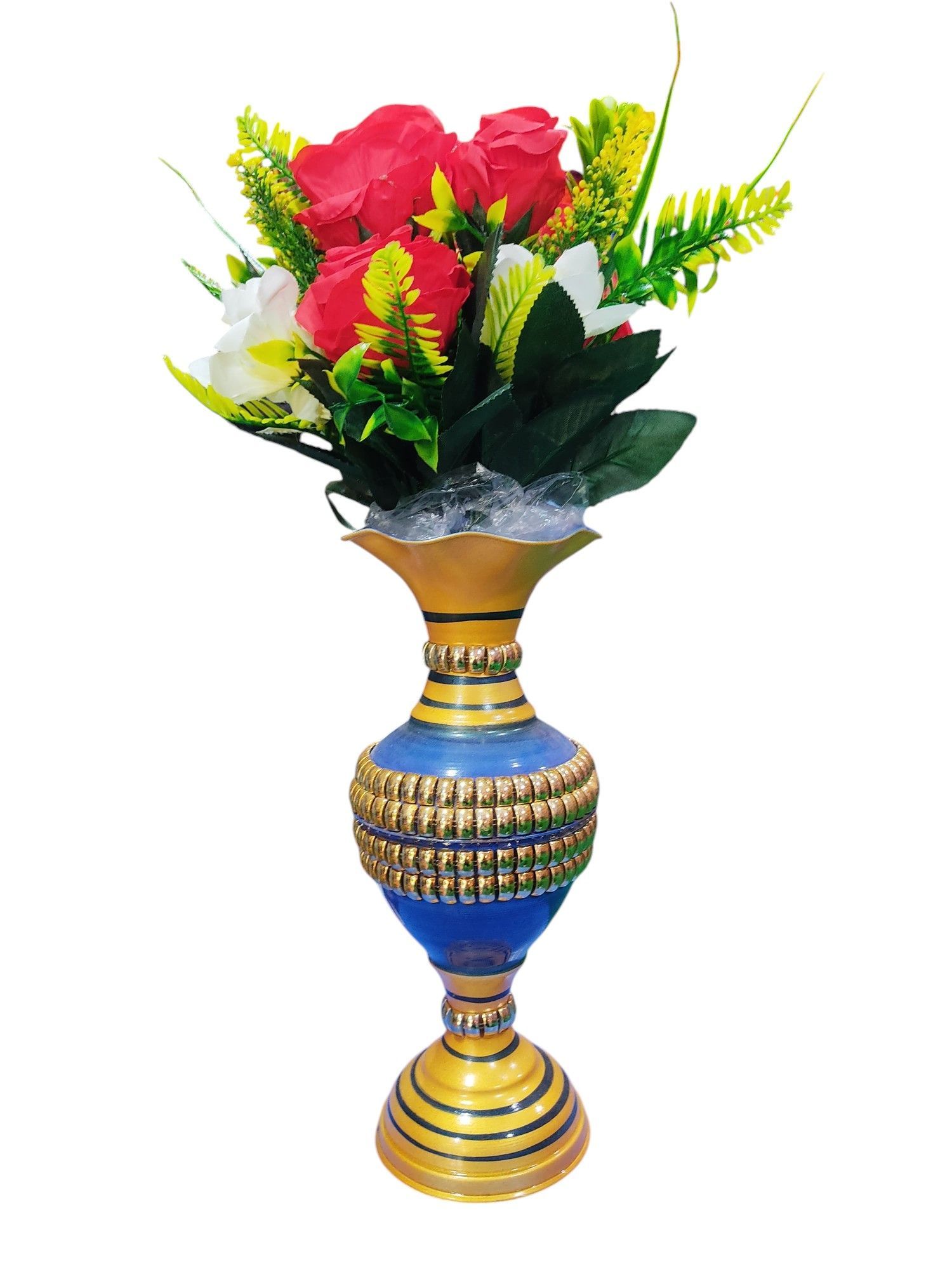 Blue and Gold Metal Flower Vase with Artificial Flowers