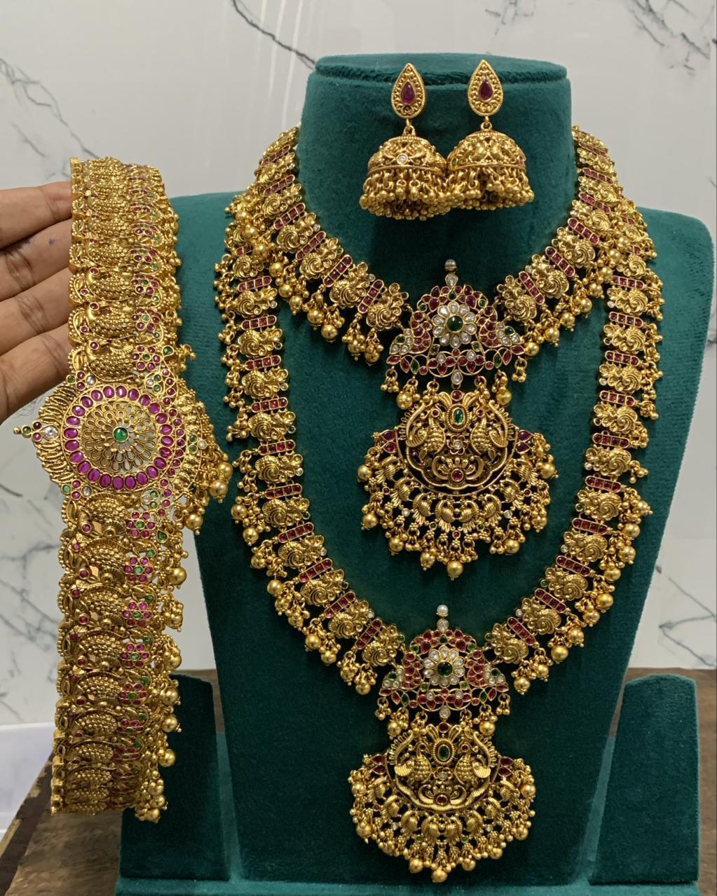 Bridal Gold Plated Antique Temple Jewellery Set with Ruby Stones