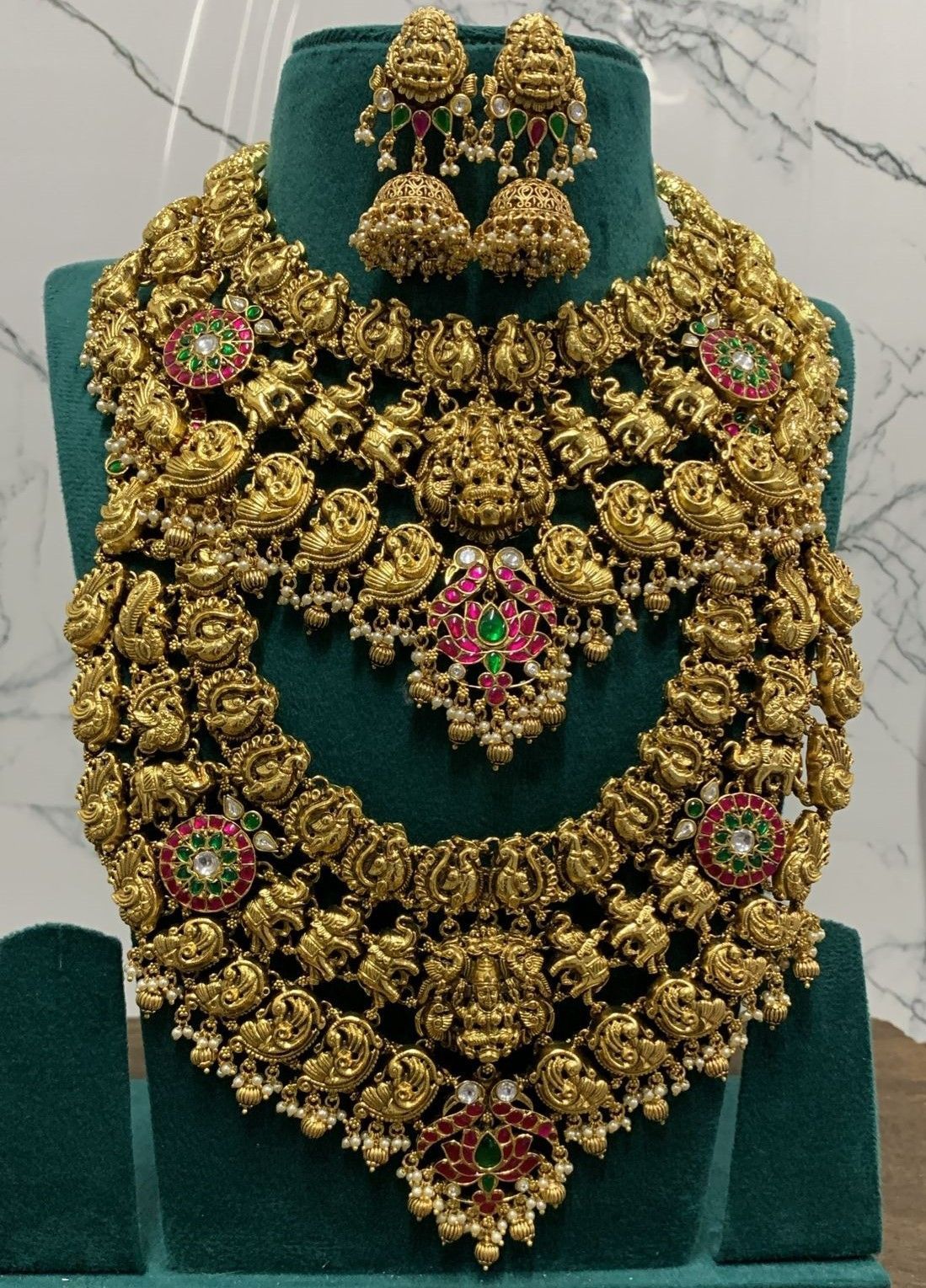 Exquisite antique gold plated traditional Indian temple haram necklace set with matching jhumka earrings