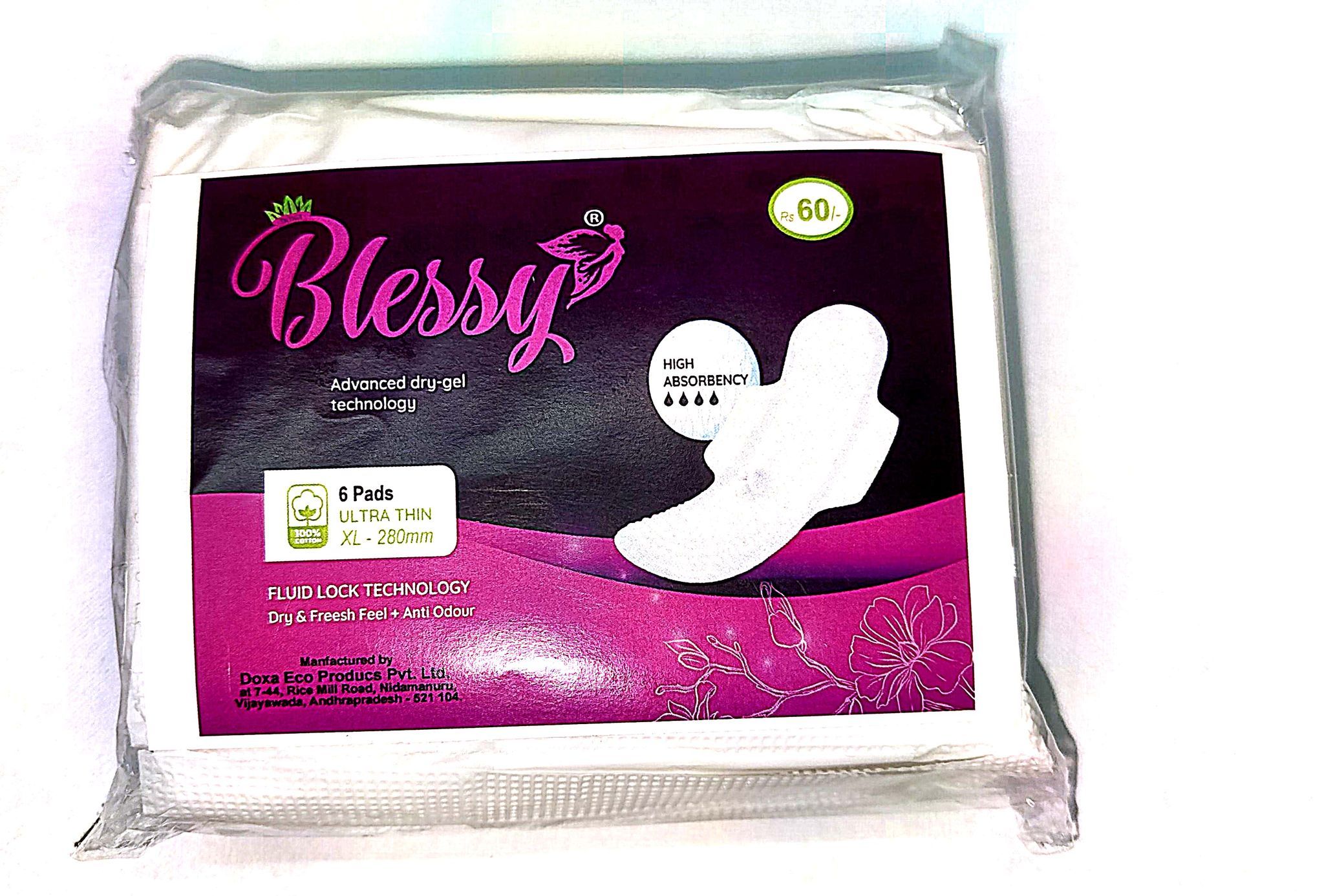 Blessy Advanced Dry-Gel Technology Ultra Thin Sanitary Pads with Fluid Lock Technology (Pack of 6)
