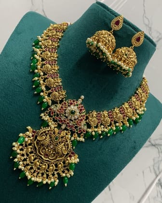 Bridal Gold Plated Antique Temple Jewellery Necklace Set With Ruby Stones
