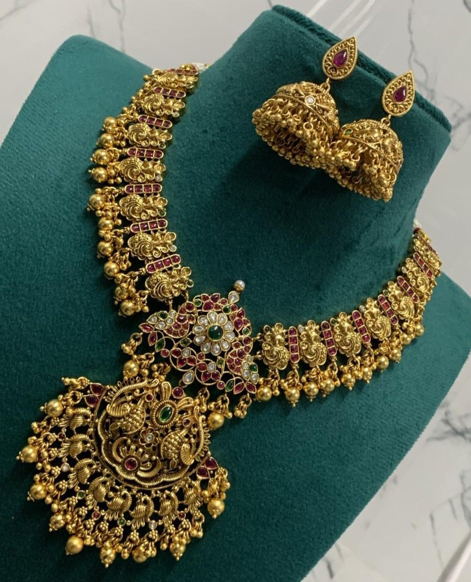 Bridal Gold Plated Antique Temple Jewellery Necklace Set