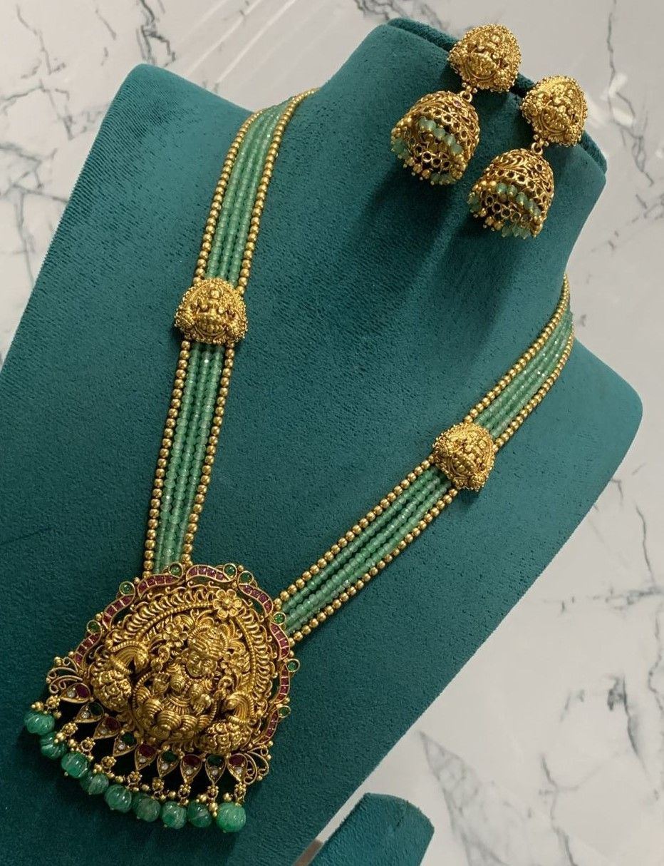 Gold Plated Traditional Indian Temple Jewellery Long Necklace Set with Green Beads