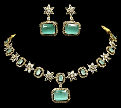 "Stunning Green and White Cubic Zirconia Necklace and Earring Set in Gold Plated Metal"