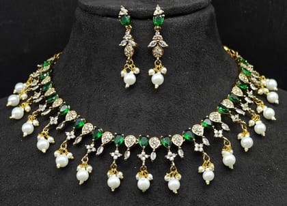 Green and White Pearl and Rhinestone Necklace and Earring Set