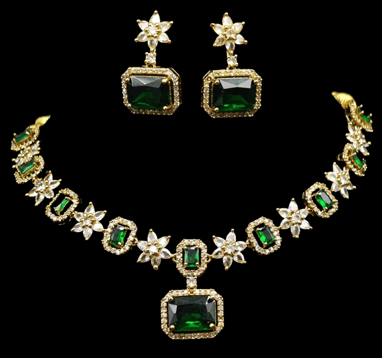 Gold-Plated Kundan and Meenakari Necklace Set with Green Stones
