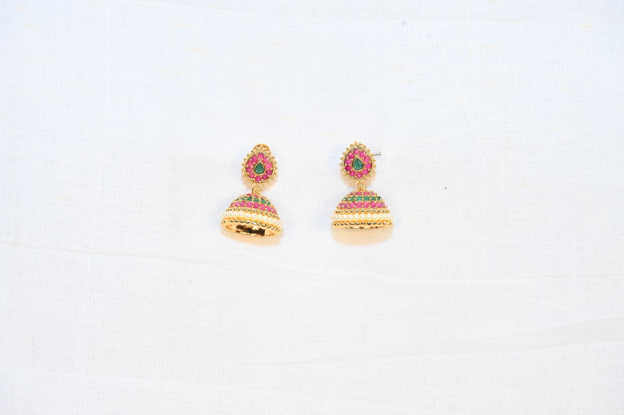 14KT Gold Plated Ruby and Emerald Jhumka Earrings