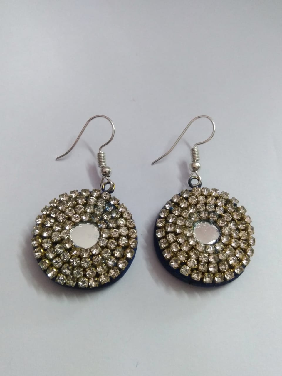 "Stunning Rhinestone and Mirror Work Drop Earrings in Blue"