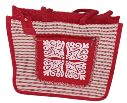 Red and White Striped Jute Tote Bag with Embroidered Flower Red and White Striped Jute Tote Bag with Embroidered Flower