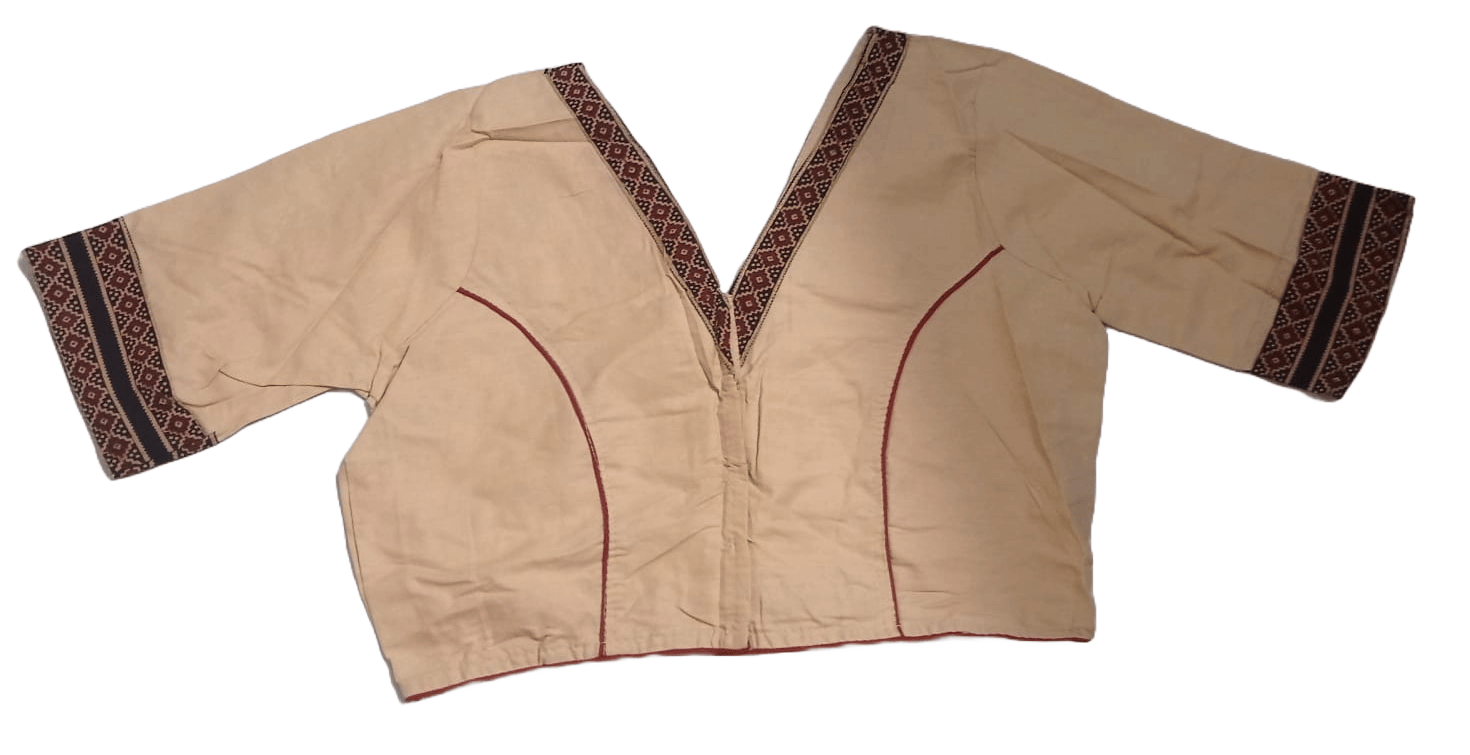 Beige Cotton Saree Blouse with Elbow Sleeves and Maroon Embroidery