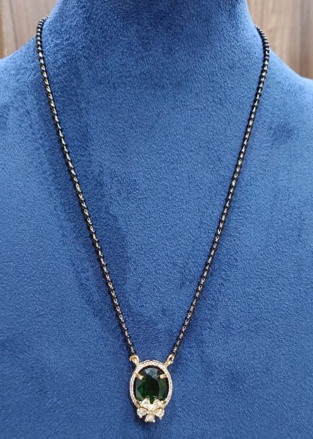 Black Beads Mangalsutra with Green Stone Pendant