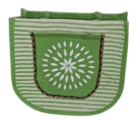 Green and White Striped Hand Embroidered Jute Bag