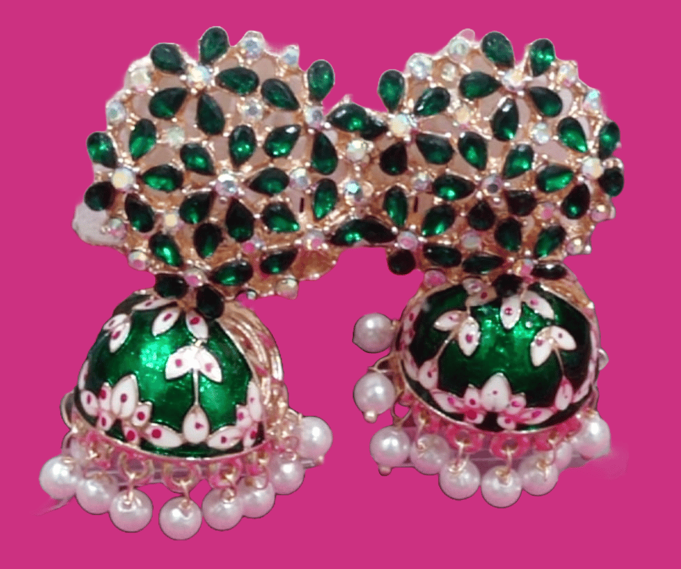 Green and White Kundan Pearl Jhumka Earrings