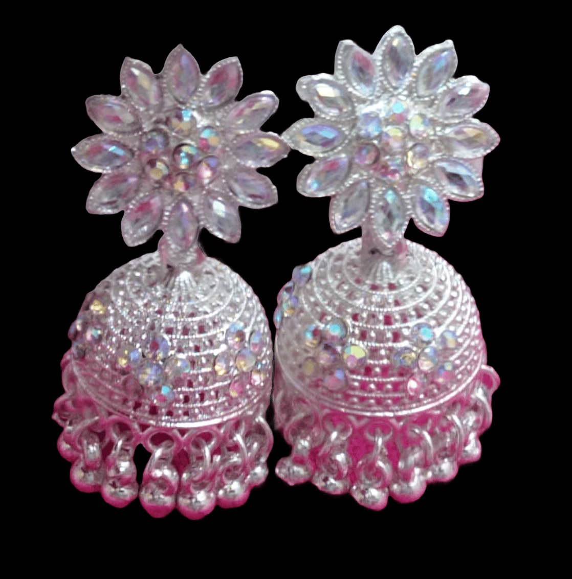 "Stunning Silver Flower Jhumka Earrings with Pink Beads"