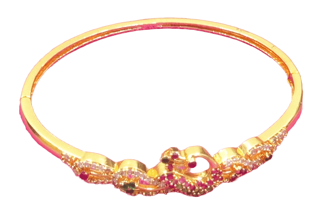 Gold Plated Peacock Design Bangle Bracelet with Ruby and Emerald Stones
