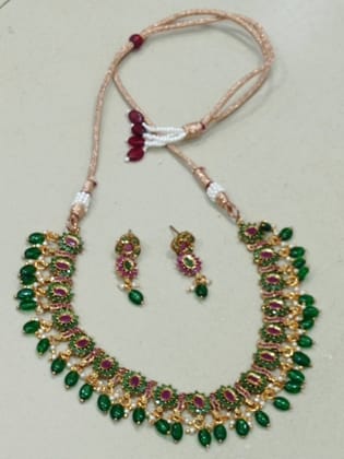 Gold-plated Kundan and Pearl Necklace Set with Green Beads