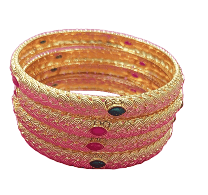 Gold Plated Bangles Set of 4 with Green and Pink Stones