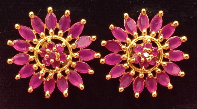 14k Gold Plated Ruby Flower Stud Earrings