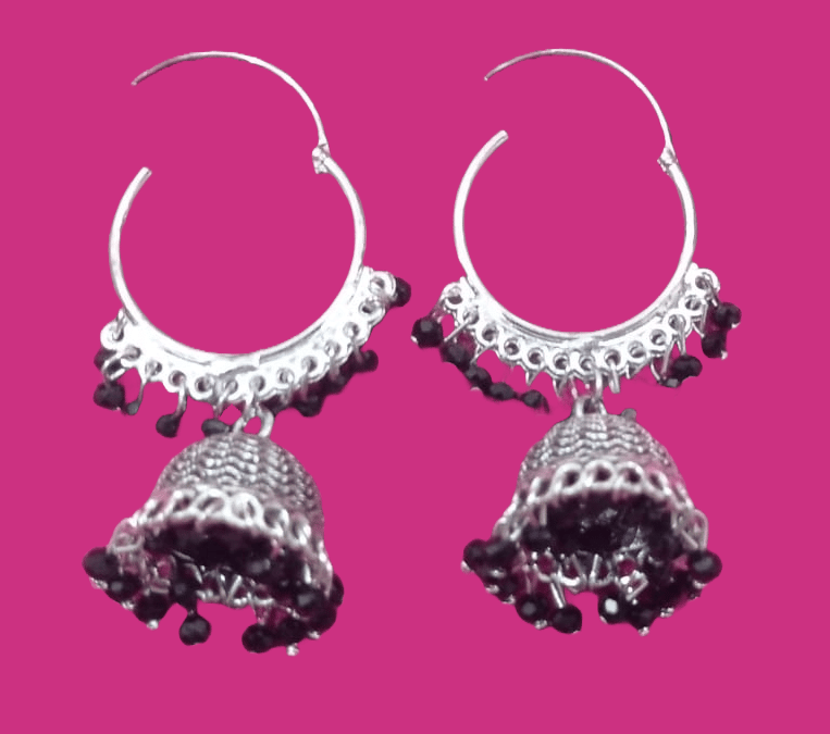 Oxidized Silver Plated Traditional Jhumka Earrings With Black Beads For Women