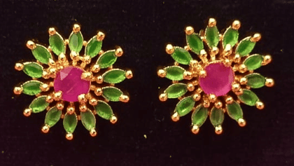 Gold Plated Green and Pink Stone Stud Earrings