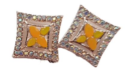Rhinestone square stud earrings with orange flower design