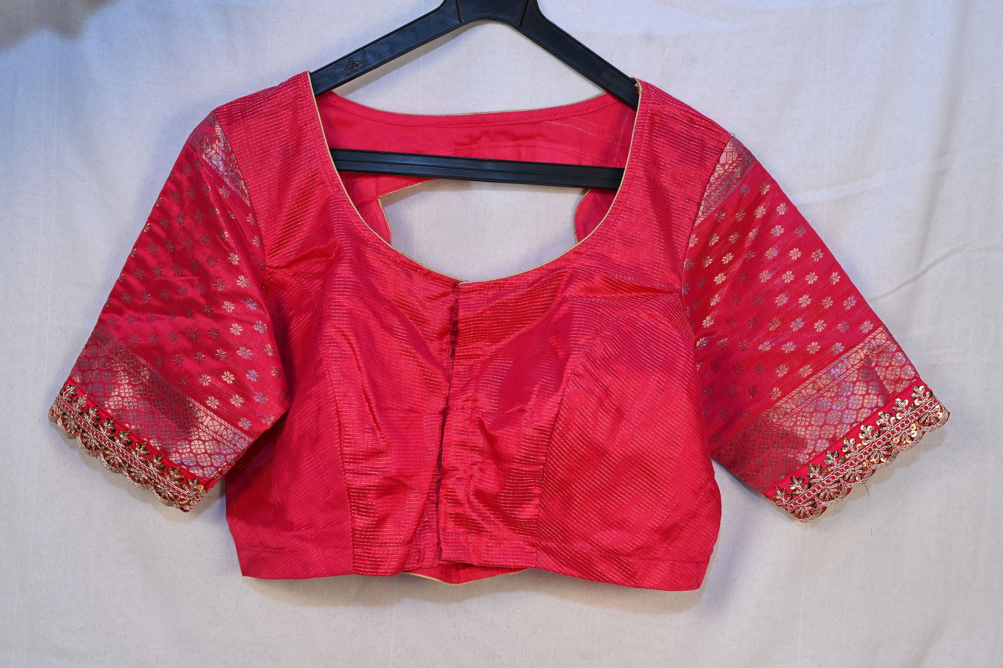 Red Brocade Blouse with Elbow Sleeves