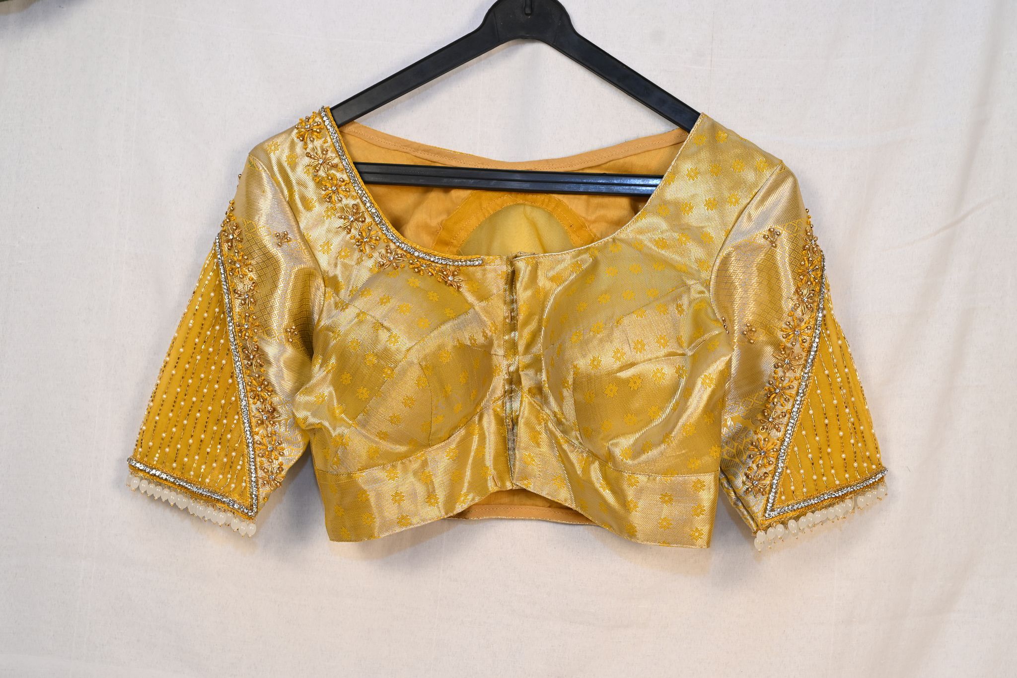 Golden Brocade Blouse with Pearl and Bead Embroidered Sleeves