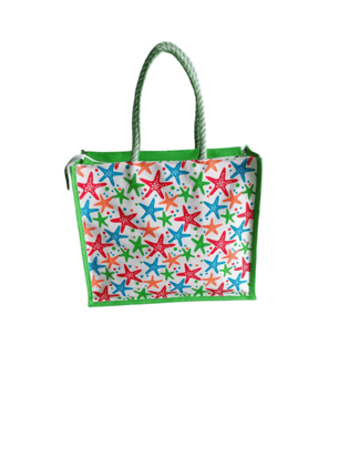 Colorful starfish printed jute tote bag with green border