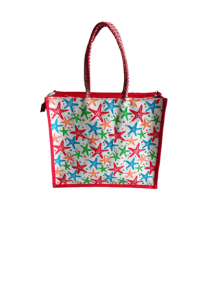 Red starfish printed jute tote bag