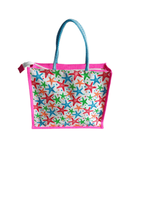 Colorful starfish printed small jute tote bag with pink trim