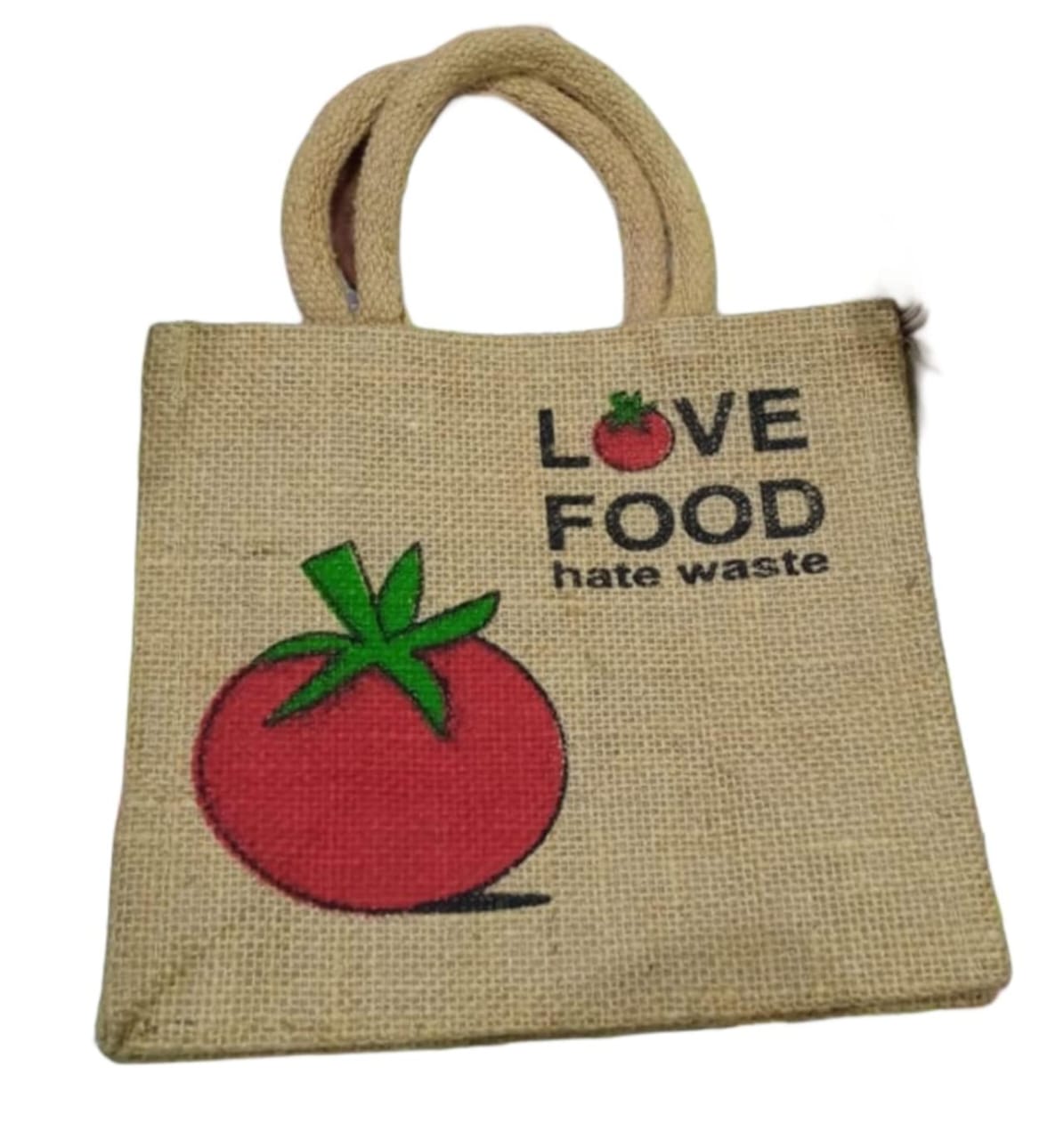 LOVE FOOD hate waste printed jute bag