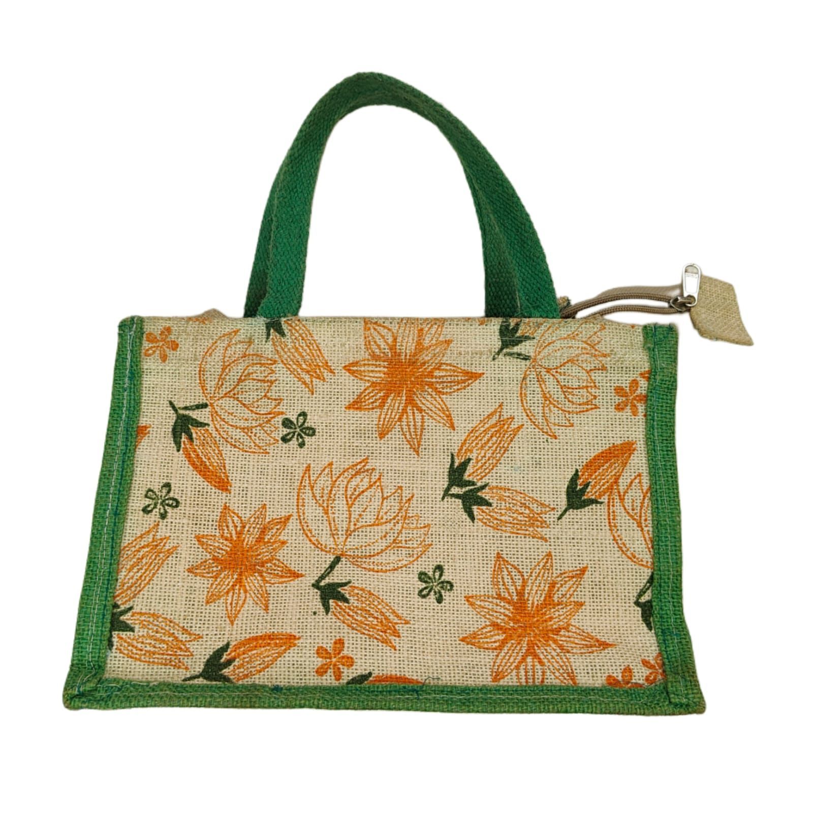 Jute tote bag with floral print and green handles