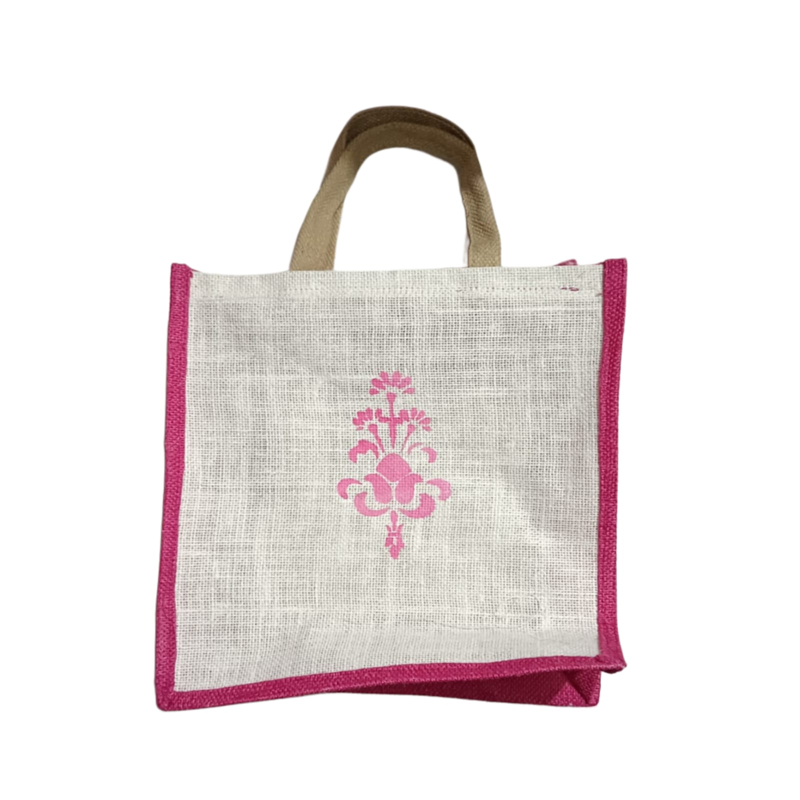 Small Jute Bag with Pink Floral Print