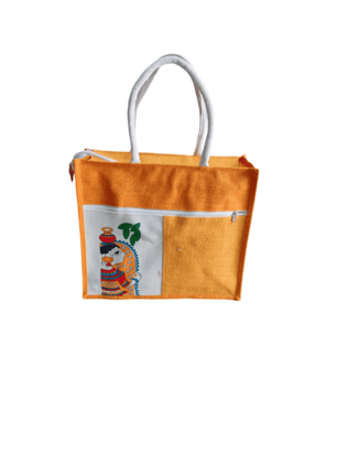 Hand-painted Jute Tote Bag with Zipper and Front Pocket