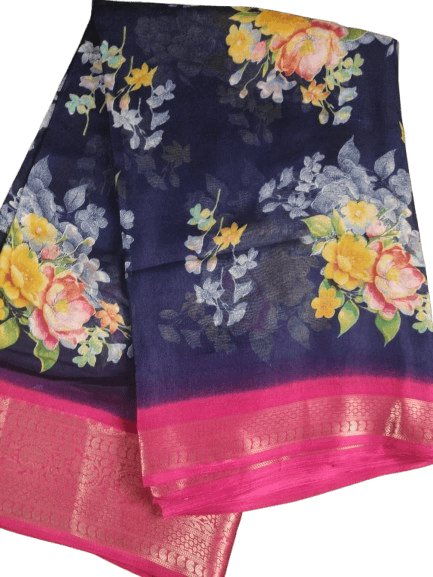 Navy Blue Colour Floral Print Saree With Pink Border