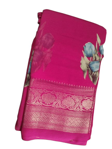 Pink Georgette Saree With Golden Zari Border