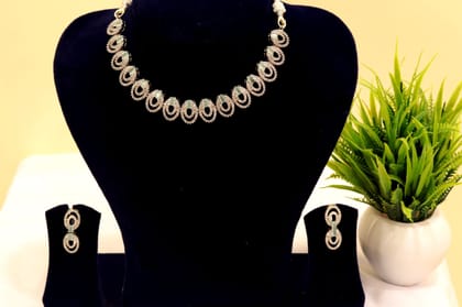 American Diamond Necklace Set with Earrings in Silver Finish American Diamond Necklace Set with Earrings in Silver Finish