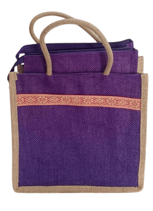 Purple Jute Bag with Zipper Closure and Double Handles