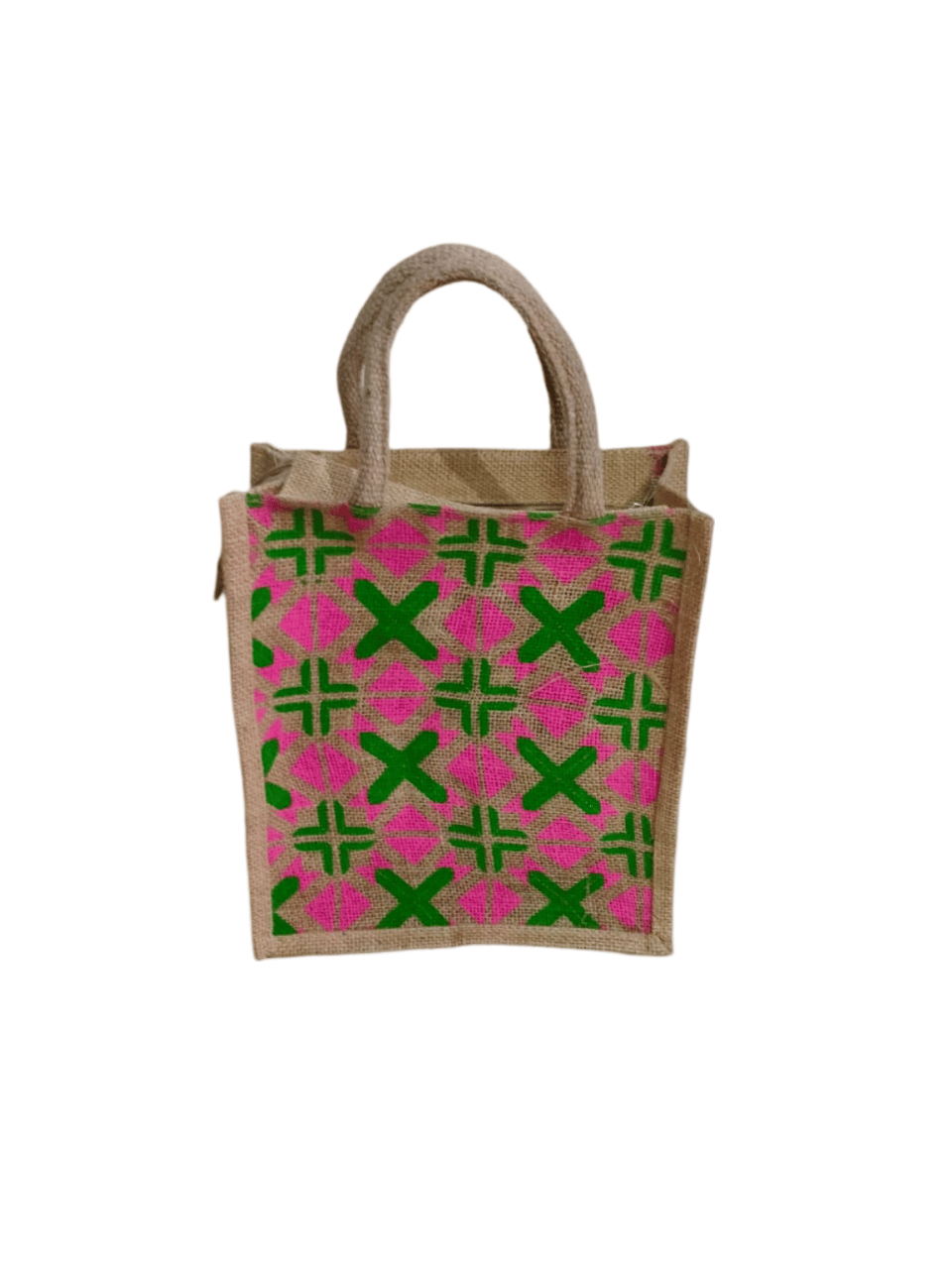 Jute Tiffin Bag with Green and Pink Geometric Print