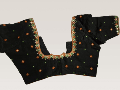 Black silk embroidered mirror work blouse